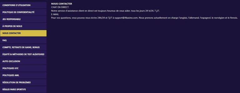 4Kasino Casino support client